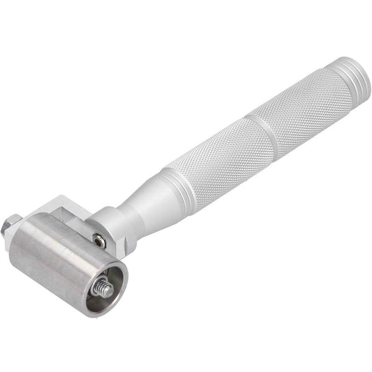 Professional-grade stainless steel latex seam roller with ergonomic knurled handle for bonding glued seams smoothly and securely in latex crafting.