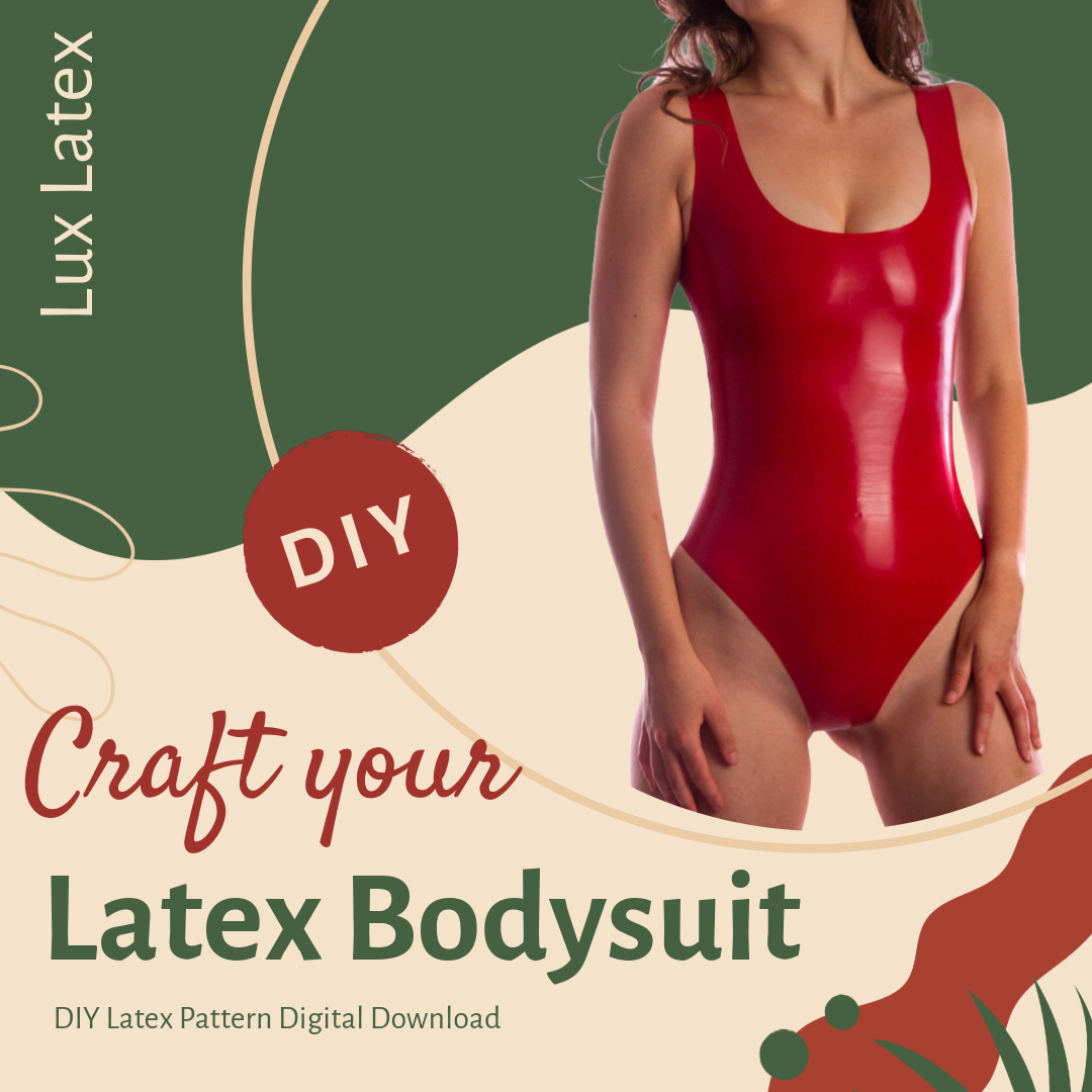 Woman wearing red latex bodysuit showcasing DIY latex bodysuit pattern for sleek, body-hugging fit