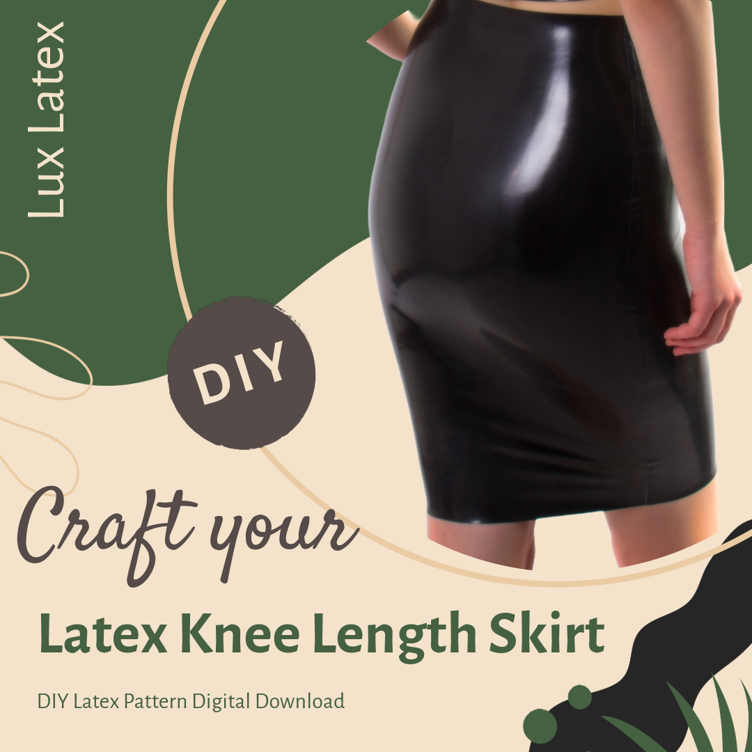 High waisted latex knee-length skirt sewing pattern in UK sizes 6-18 for DIY fashion