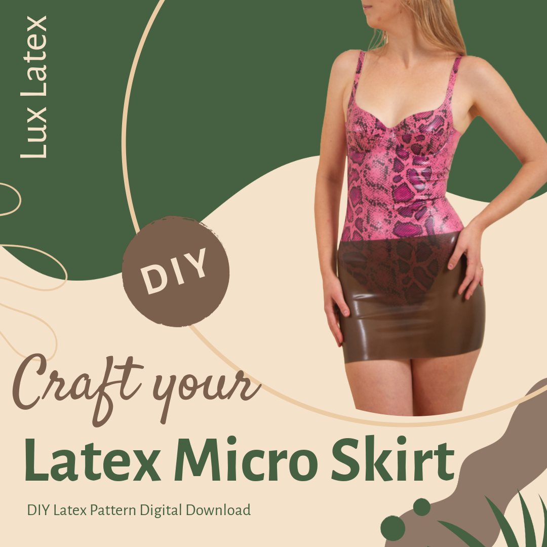 woman wearing pink snakeskin top and dark brown latex micro skirt for DIY latex micro skirt pattern digital download