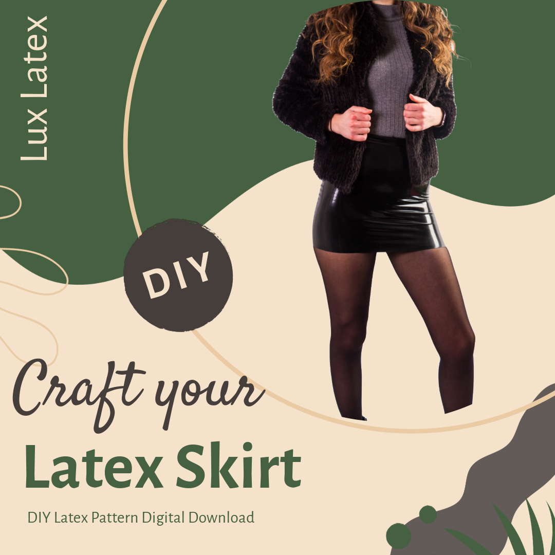 Woman wearing a sleek black latex mini skirt made from a beginner-friendly DIY latex skirt pattern digital download.
