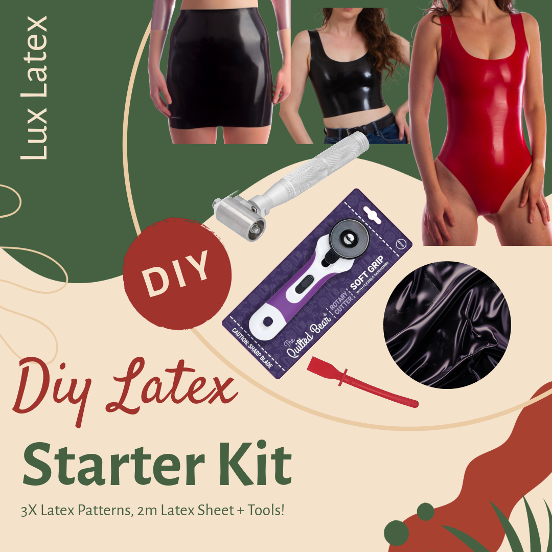DIY Latex Starter Kit with patterns, premium black latex sheet, rotary cutter, glue spreader, and seam roller tools for crafting latex garments