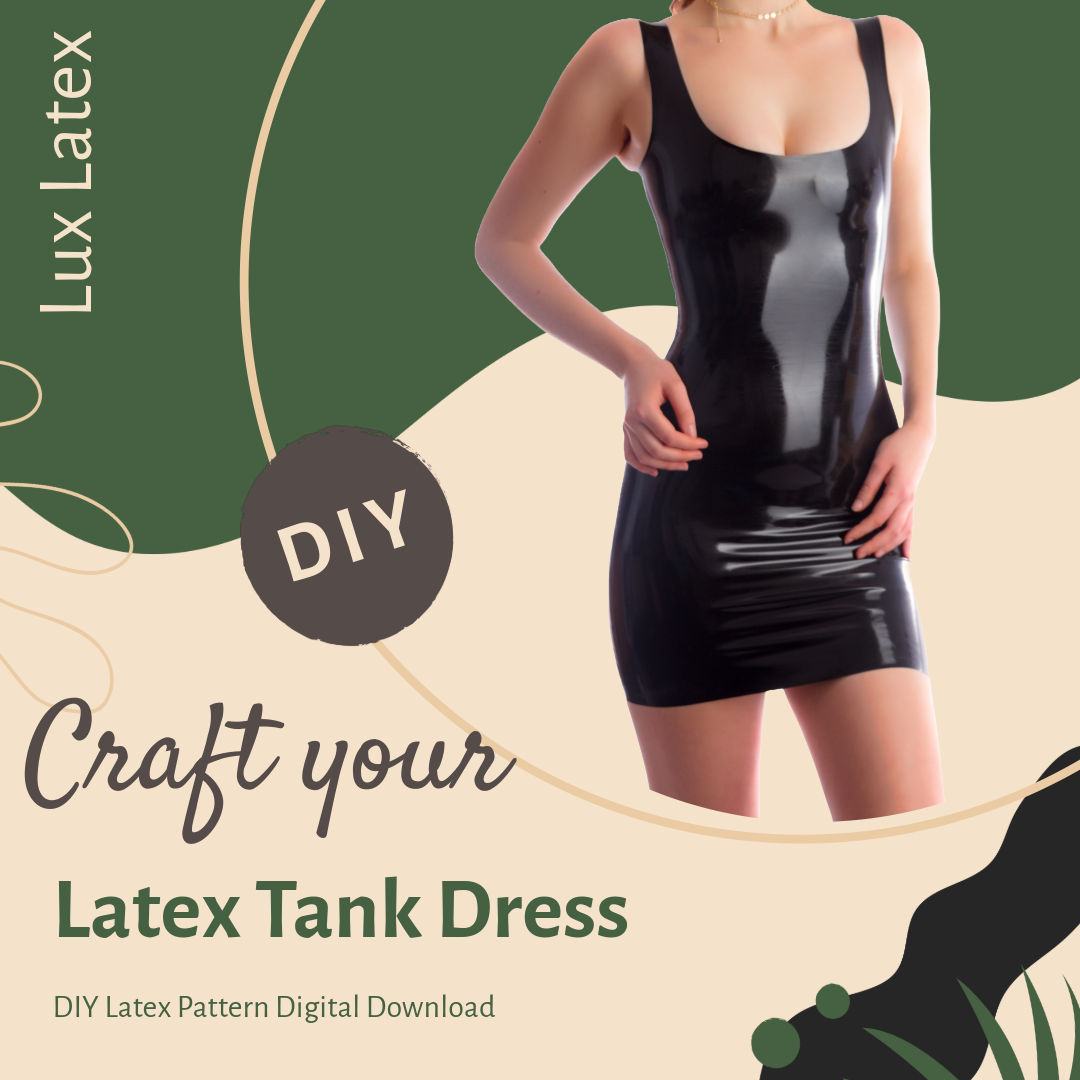 Woman wearing a sleek black latex tank dress showcasing a DIY latex dress pattern digital download