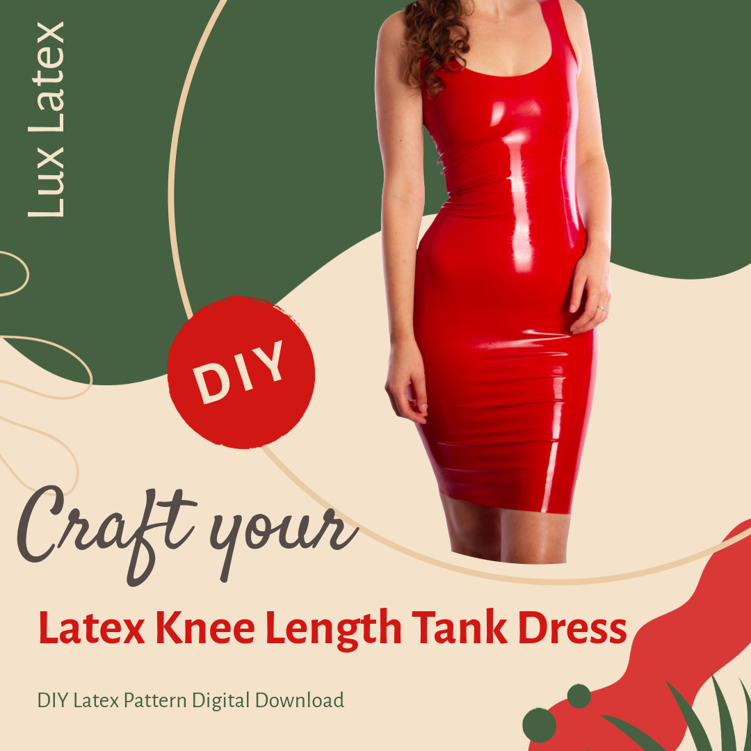 Woman wearing shiny red latex knee-length tank dress showcasing DIY latex dress pattern
