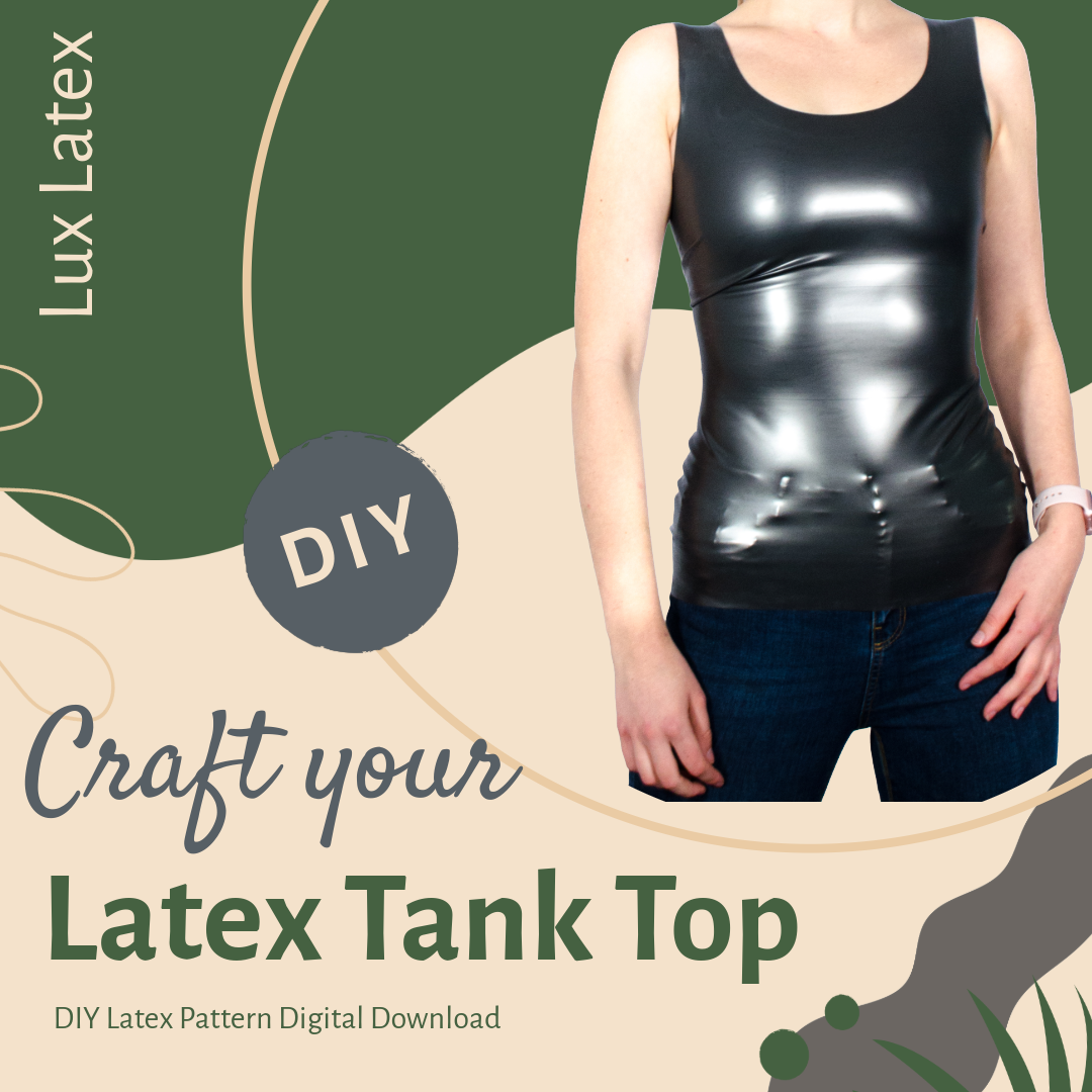 Woman wearing a shiny black latex tank top made from DIY latex pattern digital download