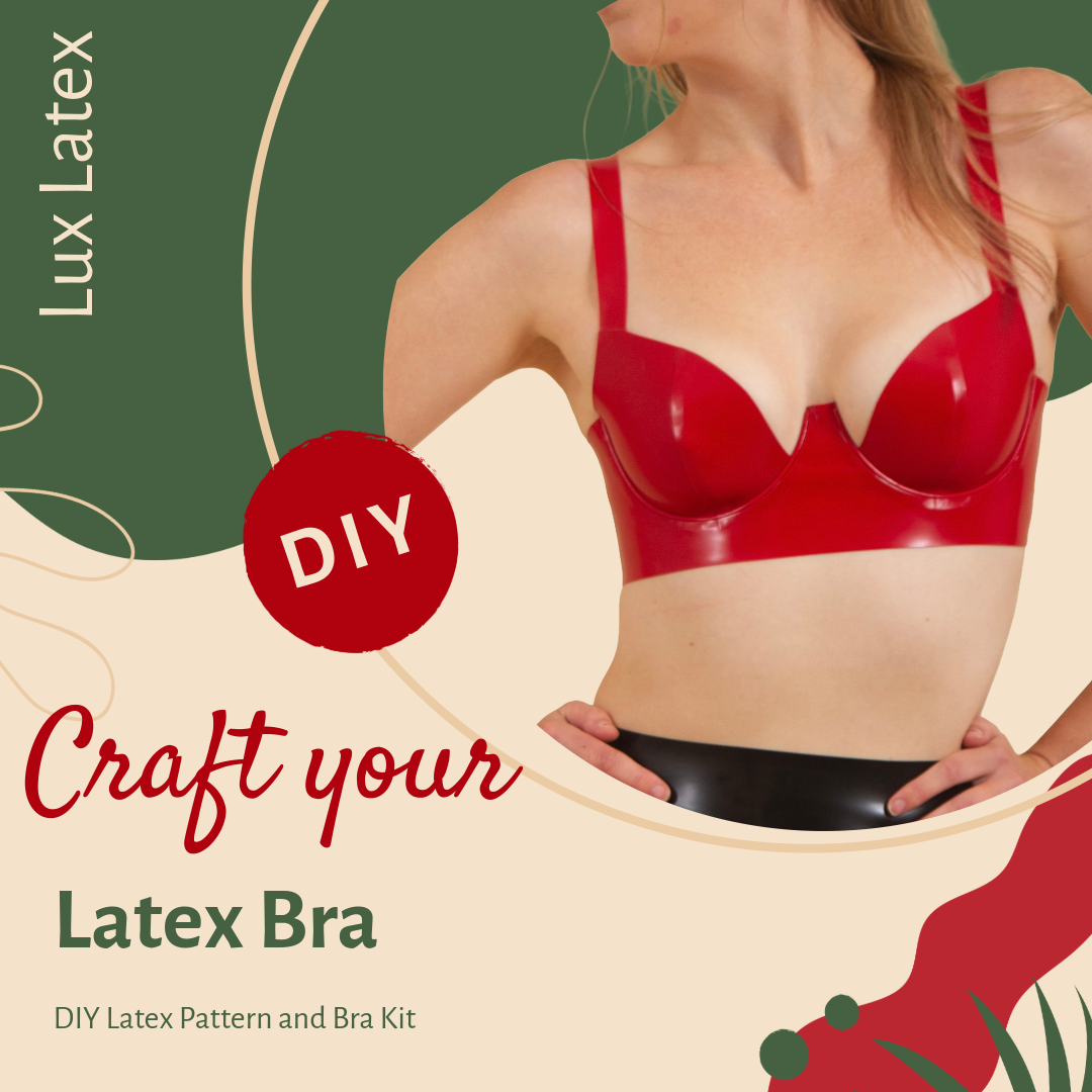 Woman wearing a shiny red latex bra showcasing a DIY latex bra pattern and kit for crafting custom-fitted latex bras at home