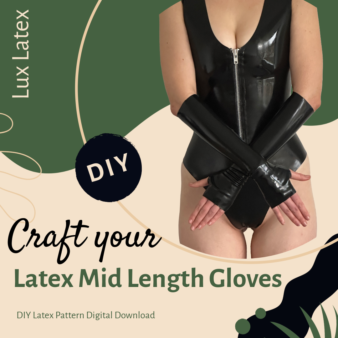 Woman wearing fitted black latex mid length gloves showing DIY latex pattern crafting option