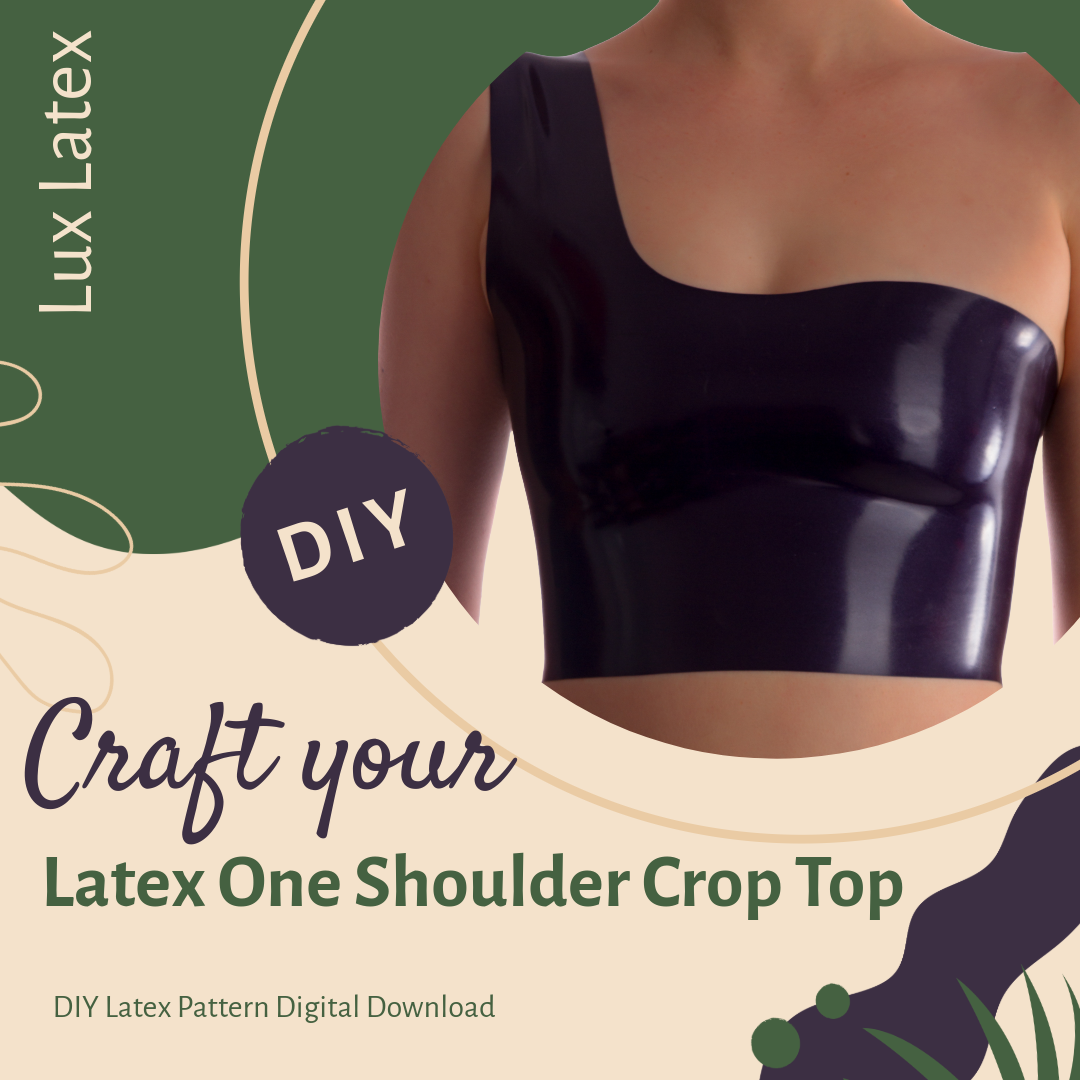 One shoulder latex crop top pattern displayed on a model, black shiny fitted latex fabric, digital DIY sewing pattern for beginners.