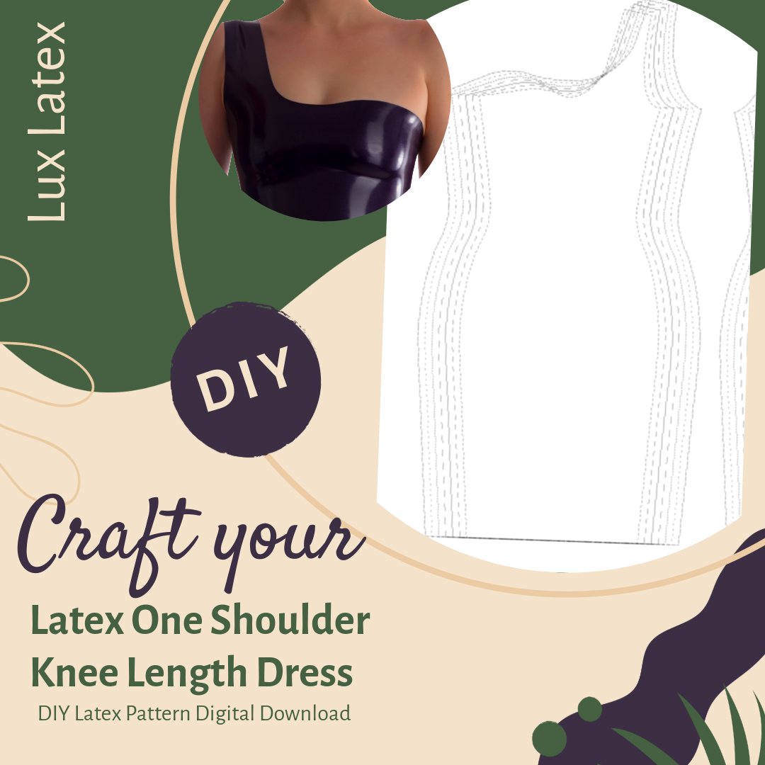 One shoulder knee length latex dress pattern with peplum belt and gloves, available in UK sizes 6-18