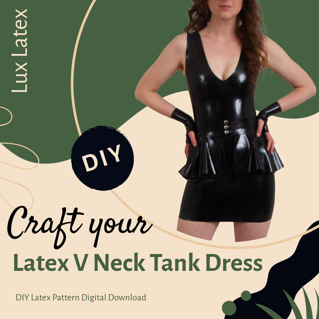 Woman wearing a black latex V neck tank mini dress with peplum belt and gloves, DIY latex dress pattern digital download.