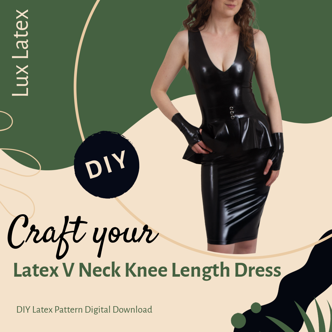 Woman wearing black latex V neck knee length dress with peplum belt and gloves showcasing latex pattern design