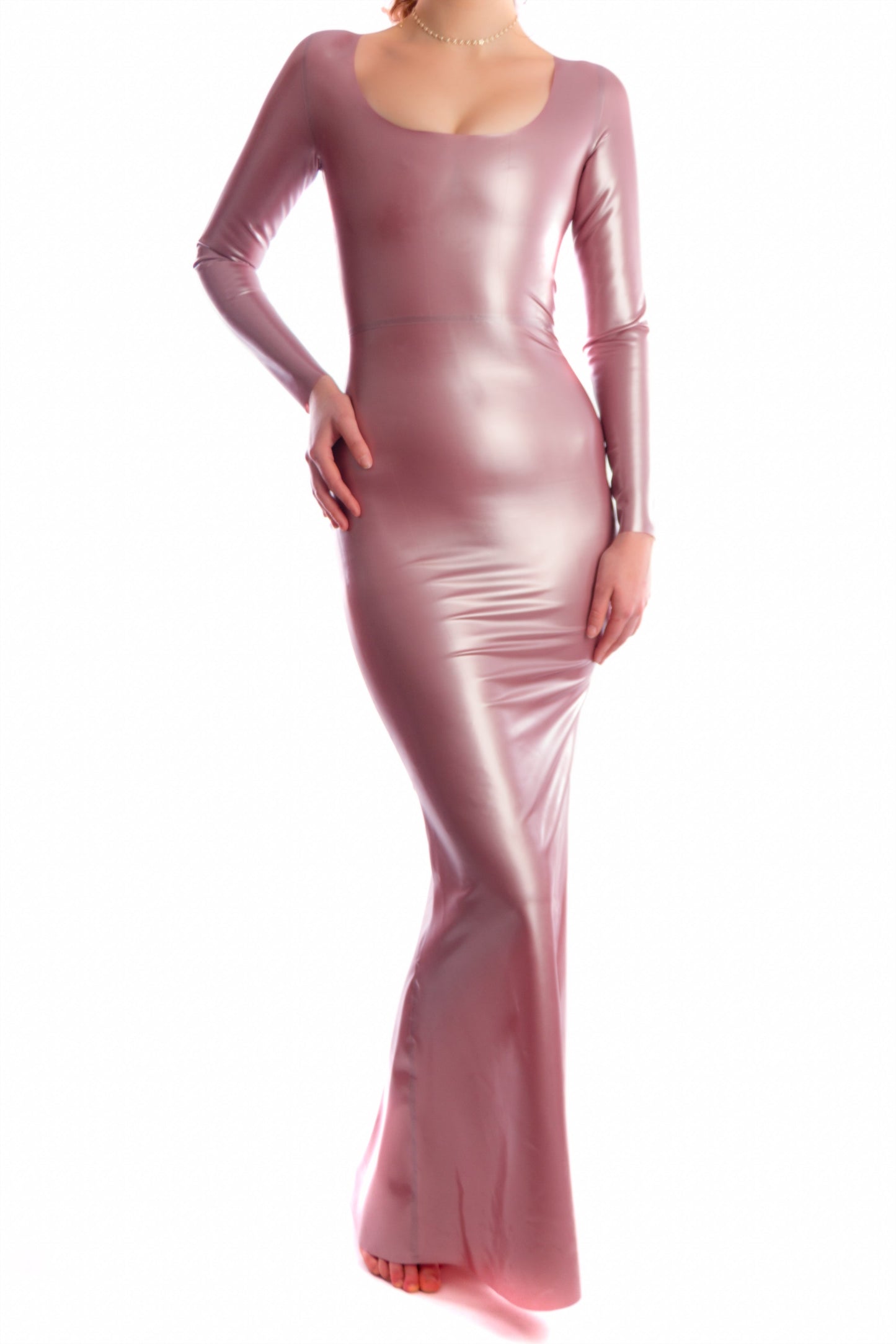 Elegant long sleeve high-shine black latex dress with scoop neckline and fitted silhouette