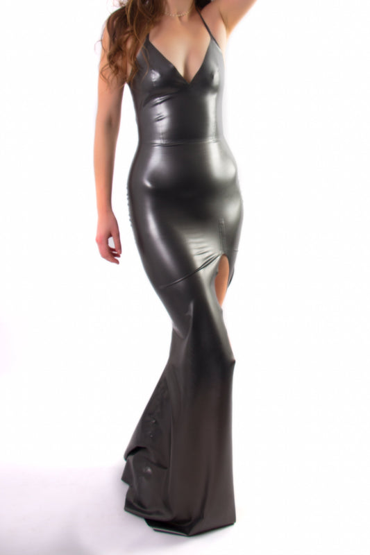 High-shine black latex dress with thigh-high slit and plunge neckline