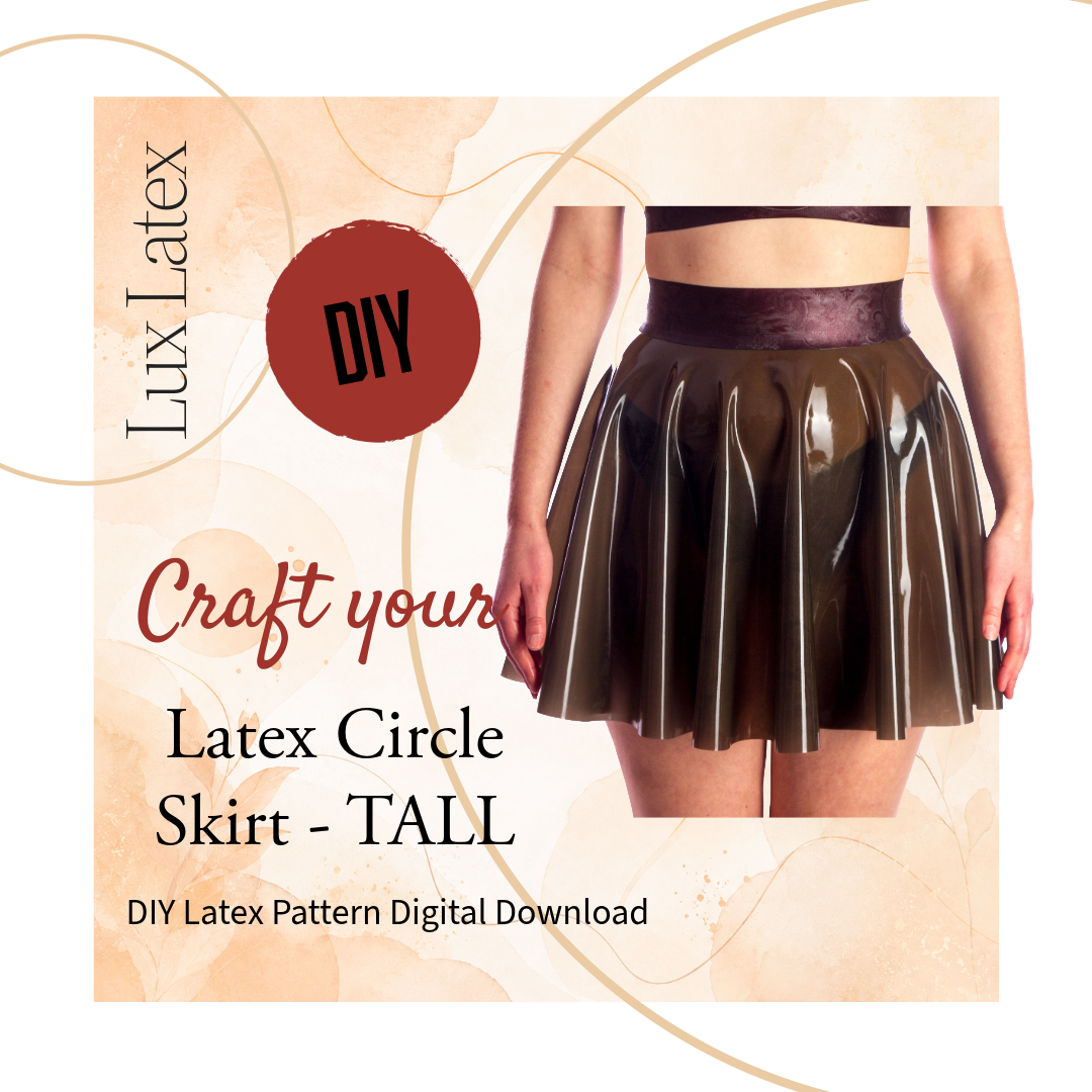 Latex tall circle skirt pattern in black, UK sizes 6–18, beginner-friendly and printable at home