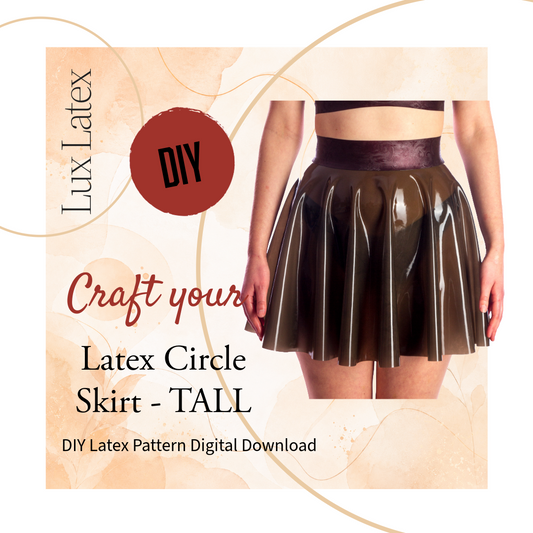 Latex tall circle skirt pattern in black, UK sizes 6–18, beginner-friendly and printable at home