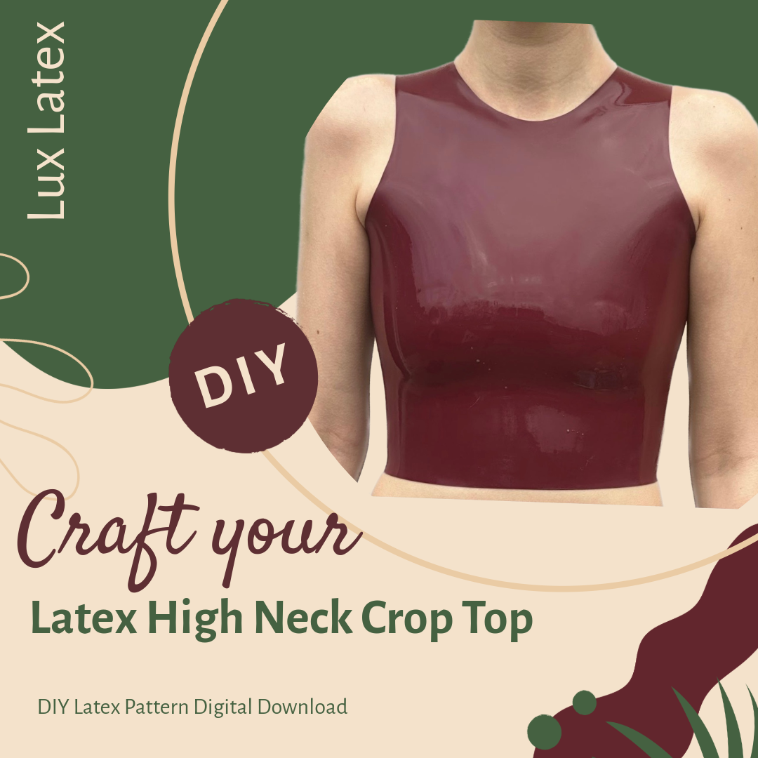 Latex ruffle shoulder crop top pattern with high neck design for snug fit and versatile styling, printable PDF in UK sizes 6-18.