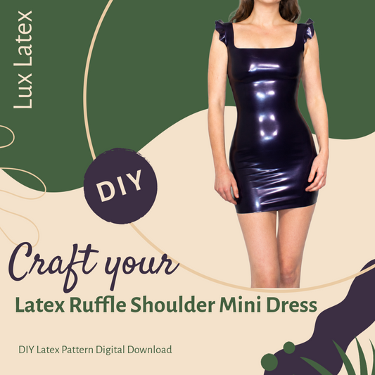 High ruffle shoulder latex mini dress pattern in UK sizes 6-18, digital PDF for easy home printing